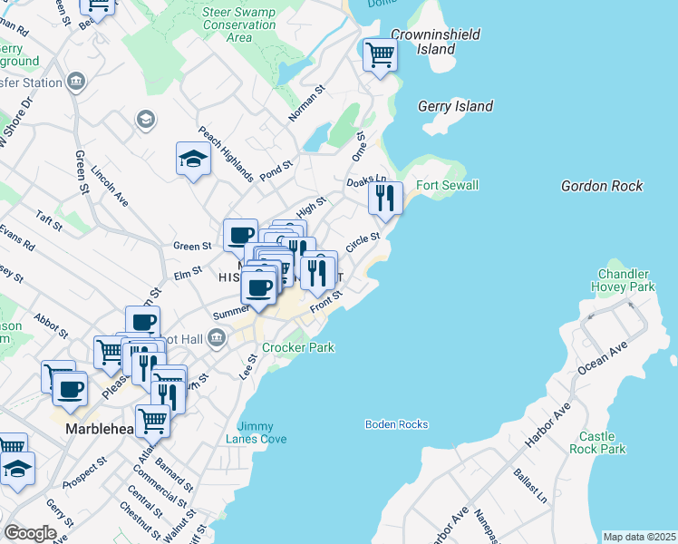 map of restaurants, bars, coffee shops, grocery stores, and more near 7 Merritt Street in Marblehead