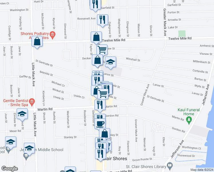 map of restaurants, bars, coffee shops, grocery stores, and more near 21522 Saint Gertrude Street in Saint Clair Shores