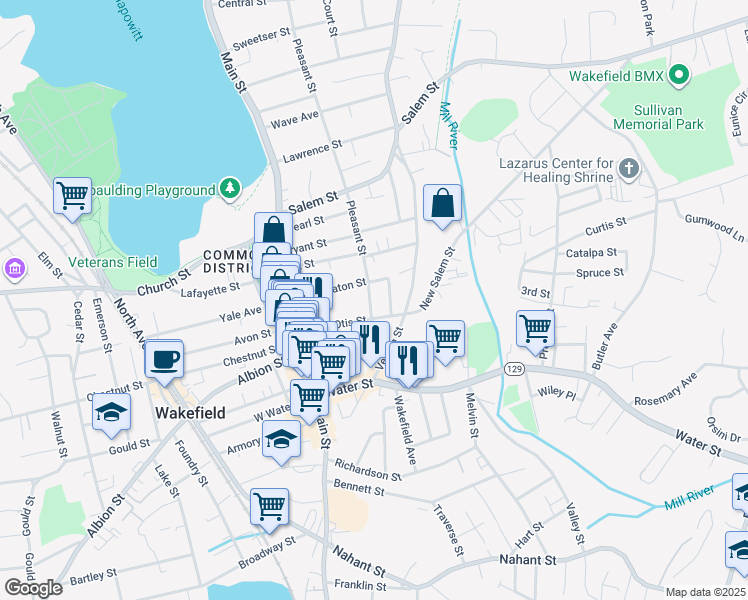map of restaurants, bars, coffee shops, grocery stores, and more near 20 Pleasant Street in Wakefield