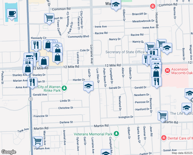 map of restaurants, bars, coffee shops, grocery stores, and more near 28695 Los Olas Drive in Warren