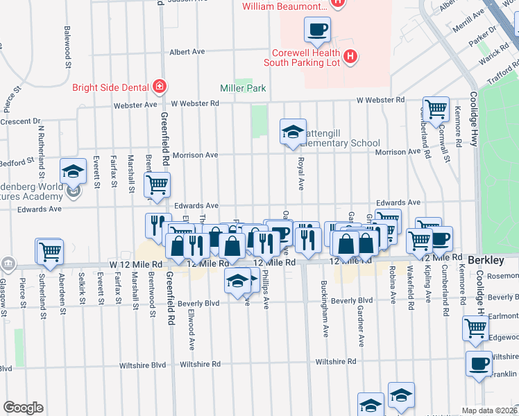 map of restaurants, bars, coffee shops, grocery stores, and more near 3696 Bacon Avenue in Berkley