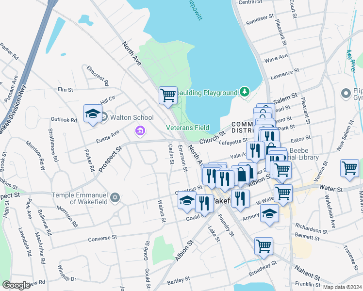 map of restaurants, bars, coffee shops, grocery stores, and more near 60 Emerson Street in Wakefield