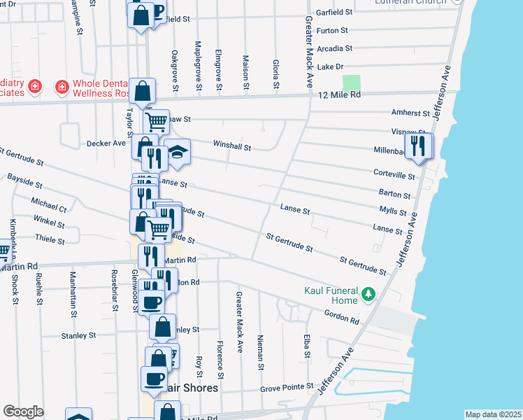 map of restaurants, bars, coffee shops, grocery stores, and more near 22208 Lanse St in St Clair Shores