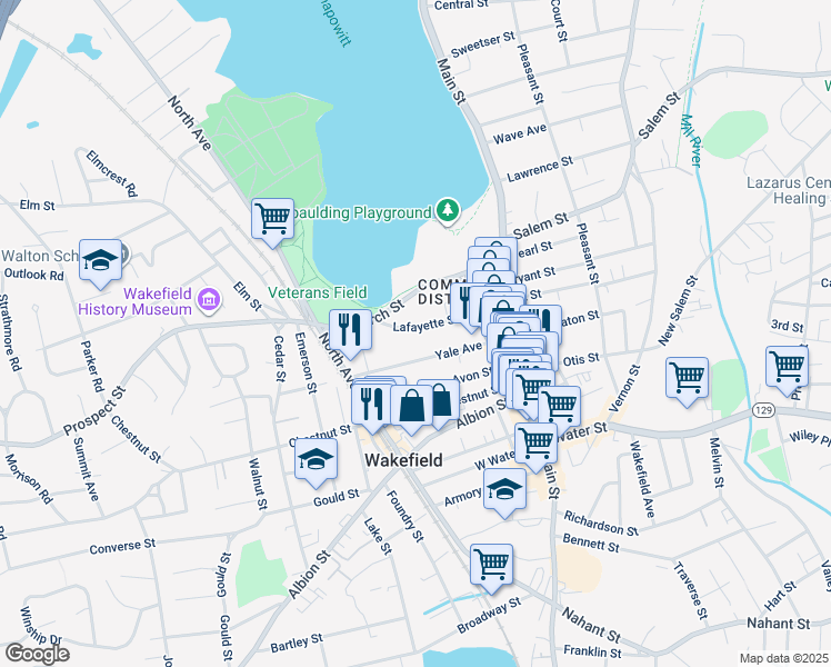 map of restaurants, bars, coffee shops, grocery stores, and more near 22 Lafayette Street in Wakefield