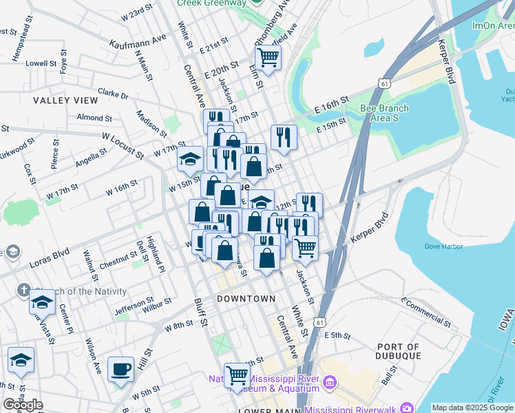 map of restaurants, bars, coffee shops, grocery stores, and more near 1252 Iowa 3 in Dubuque