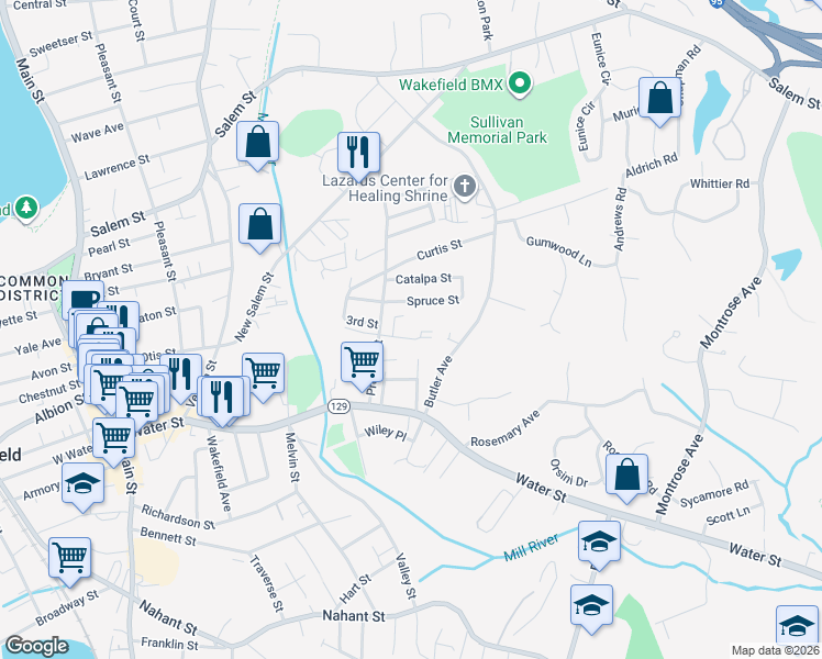 map of restaurants, bars, coffee shops, grocery stores, and more near 68 Preston Street in Wakefield