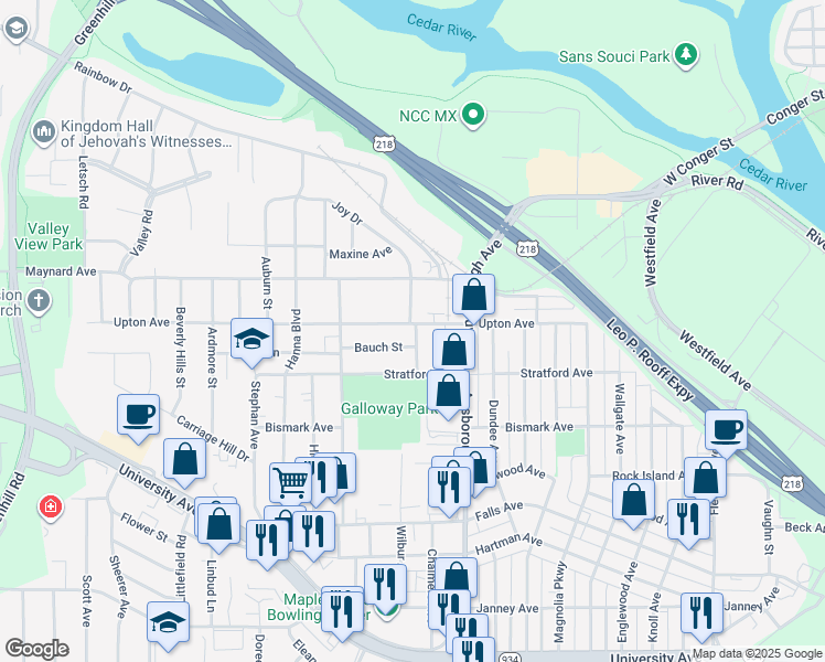 map of restaurants, bars, coffee shops, grocery stores, and more near 1103 Upton Ave in Waterloo