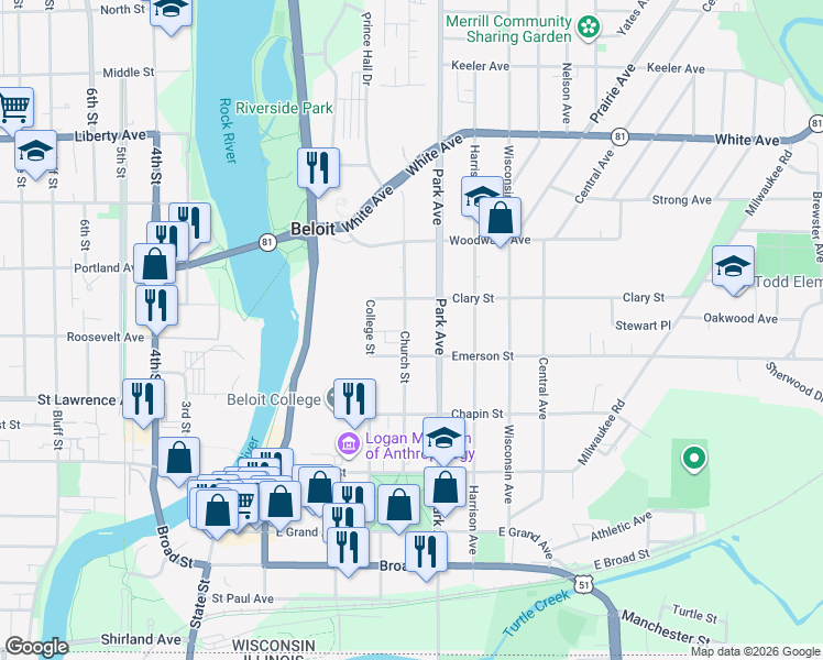 map of restaurants, bars, coffee shops, grocery stores, and more near 821 Church Street in Beloit