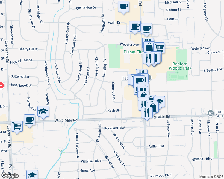 map of restaurants, bars, coffee shops, grocery stores, and more near 29631 Somerset Drive in Southfield