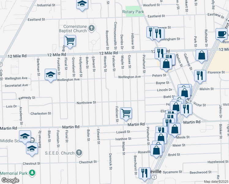 map of restaurants, bars, coffee shops, grocery stores, and more near 28367 Felician Street in Roseville