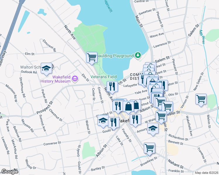 map of restaurants, bars, coffee shops, grocery stores, and more near 44 Church Street in Wakefield