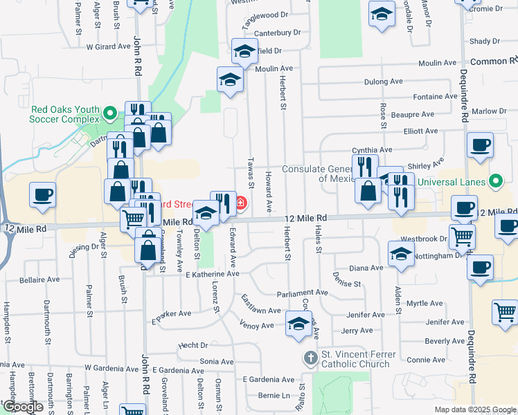 map of restaurants, bars, coffee shops, grocery stores, and more near 29026 Tawas St in Madison Heights