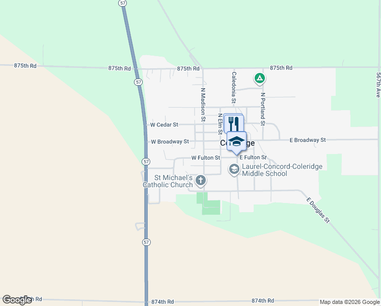 map of restaurants, bars, coffee shops, grocery stores, and more near 315 West Fulton Street in Coleridge