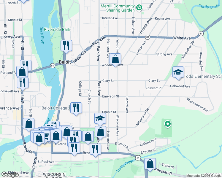 map of restaurants, bars, coffee shops, grocery stores, and more near 825 Harrison Avenue in Beloit