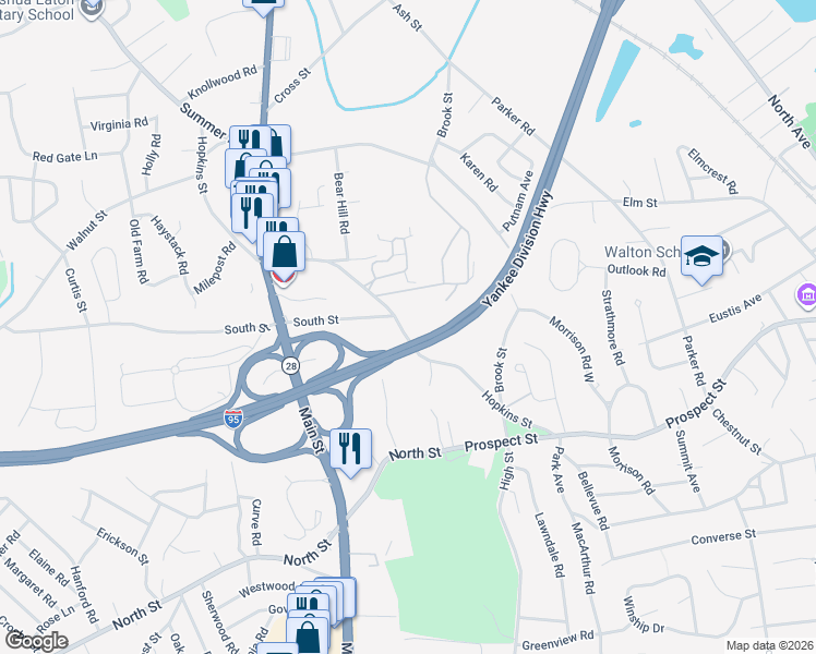 map of restaurants, bars, coffee shops, grocery stores, and more near 93 Hopkins Street in Wakefield