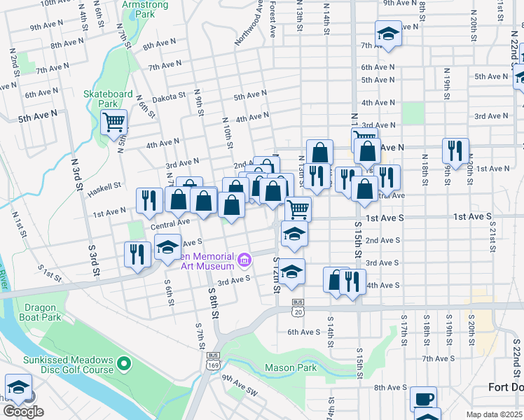 map of restaurants, bars, coffee shops, grocery stores, and more near 1031 Central Avenue in Fort Dodge