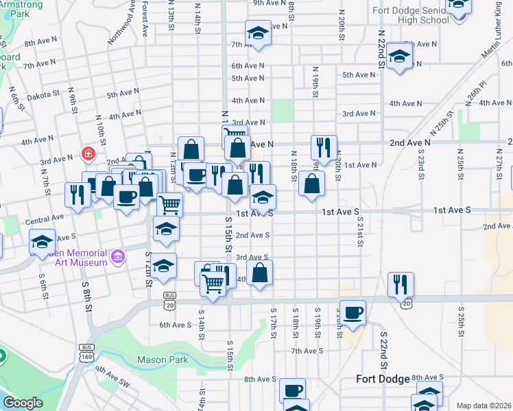 map of restaurants, bars, coffee shops, grocery stores, and more near 1608 1st Avenue South in Fort Dodge