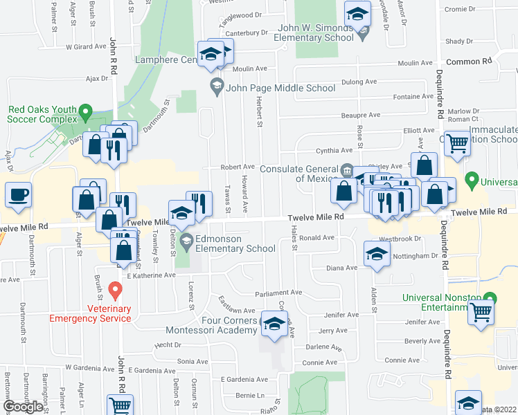 map of restaurants, bars, coffee shops, grocery stores, and more near 29033 Herbert Street in Madison Heights