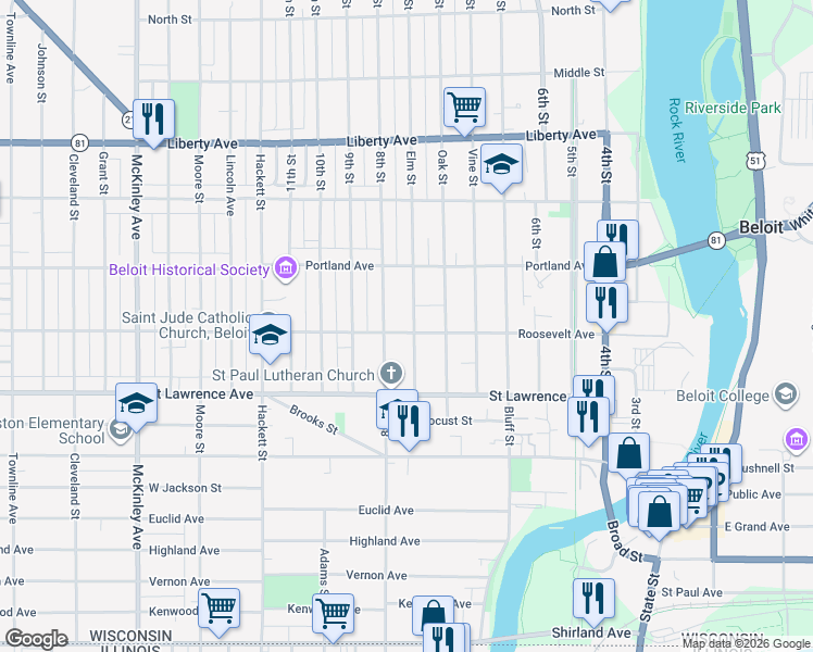 map of restaurants, bars, coffee shops, grocery stores, and more near 802 Elm Street in Beloit