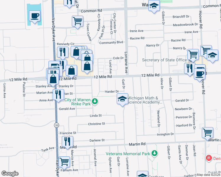 map of restaurants, bars, coffee shops, grocery stores, and more near 28808 Sylvan Avenue in Warren