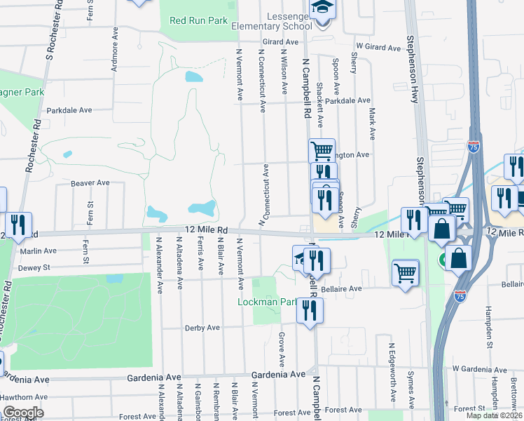 map of restaurants, bars, coffee shops, grocery stores, and more near 1907 North Connecticut Avenue in Royal Oak