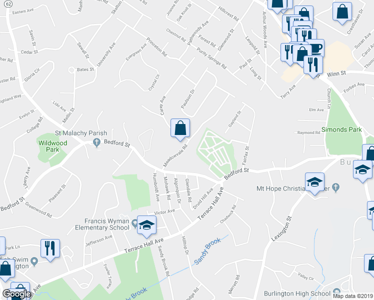 map of restaurants, bars, coffee shops, grocery stores, and more near 7 Meadowvale Road in Burlington