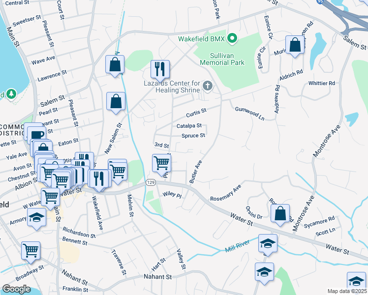map of restaurants, bars, coffee shops, grocery stores, and more near 68 Preston Street in Wakefield