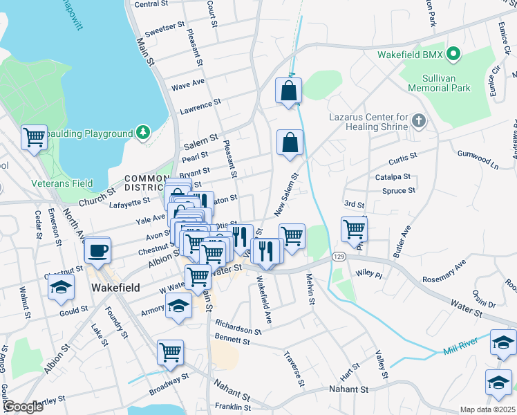 map of restaurants, bars, coffee shops, grocery stores, and more near 255 Vernon Street in Wakefield