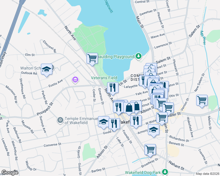 map of restaurants, bars, coffee shops, grocery stores, and more near 44 Church Street in Wakefield
