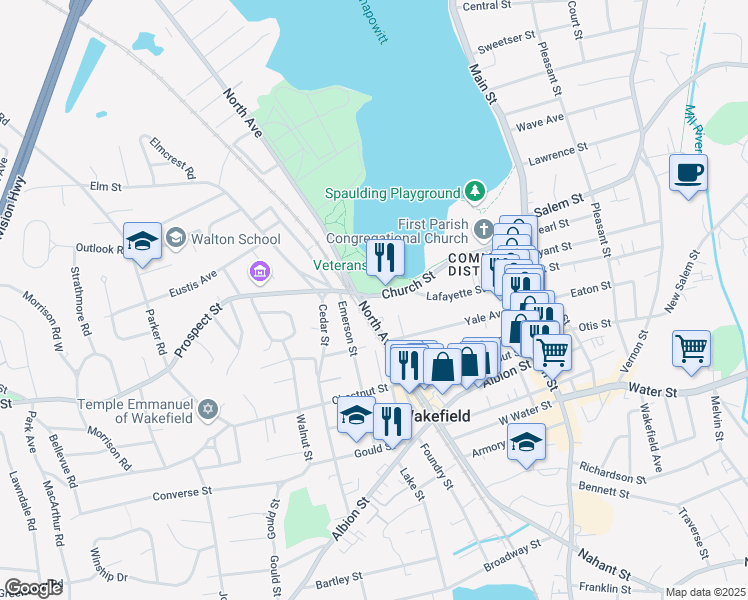 map of restaurants, bars, coffee shops, grocery stores, and more near 44 Church Street in Wakefield