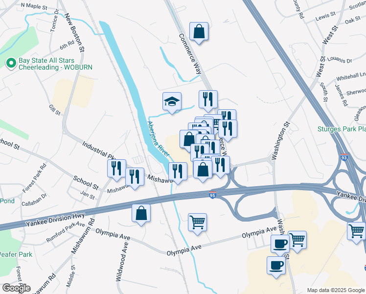 map of restaurants, bars, coffee shops, grocery stores, and more near 296 Mishawum Road in Woburn