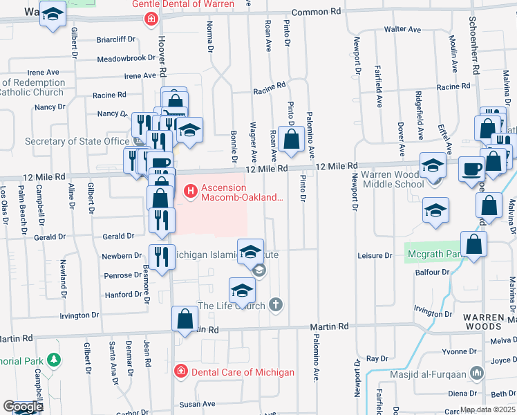 map of restaurants, bars, coffee shops, grocery stores, and more near 28601 Imperial Drive in Warren