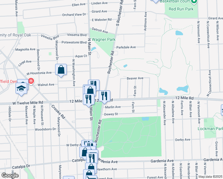 map of restaurants, bars, coffee shops, grocery stores, and more near 1820 Rochester Road in Royal Oak