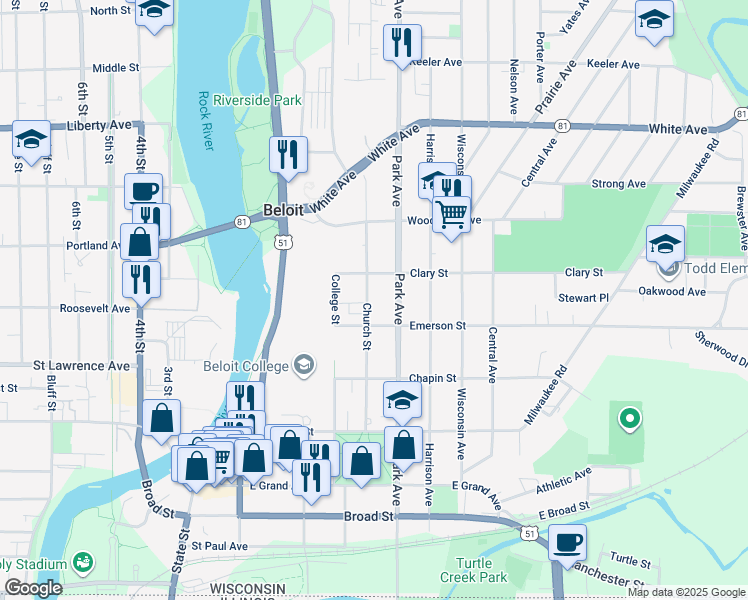 map of restaurants, bars, coffee shops, grocery stores, and more near 821 Church Street in Beloit
