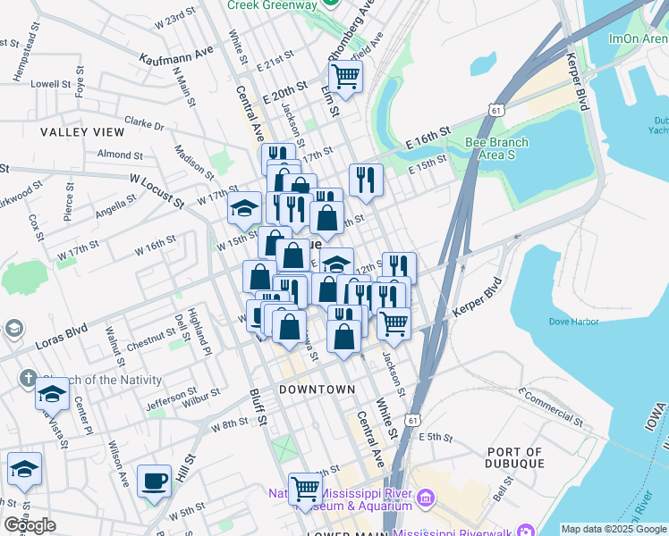 map of restaurants, bars, coffee shops, grocery stores, and more near 1252 Iowa 3 in Dubuque