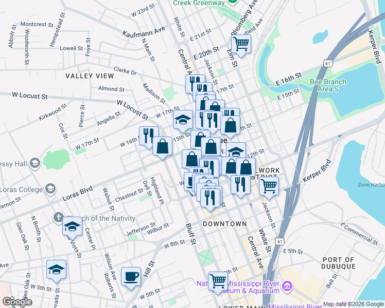 map of restaurants, bars, coffee shops, grocery stores, and more near 1348 Main Street in Dubuque