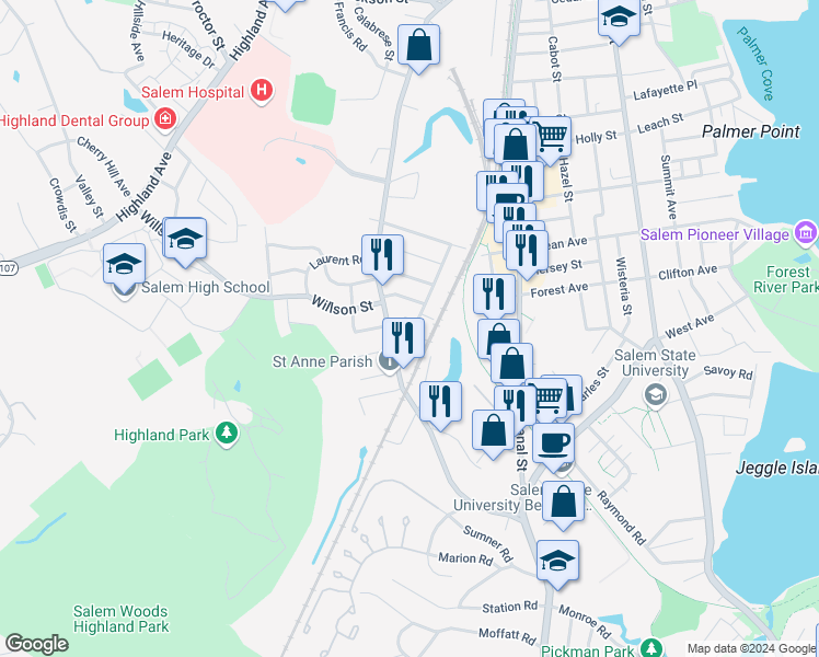 map of restaurants, bars, coffee shops, grocery stores, and more near 72 Lawrence Street in Salem