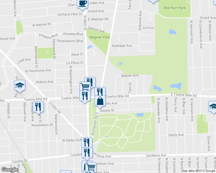 map of restaurants, bars, coffee shops, grocery stores, and more near 1820 Rochester Road in Royal Oak