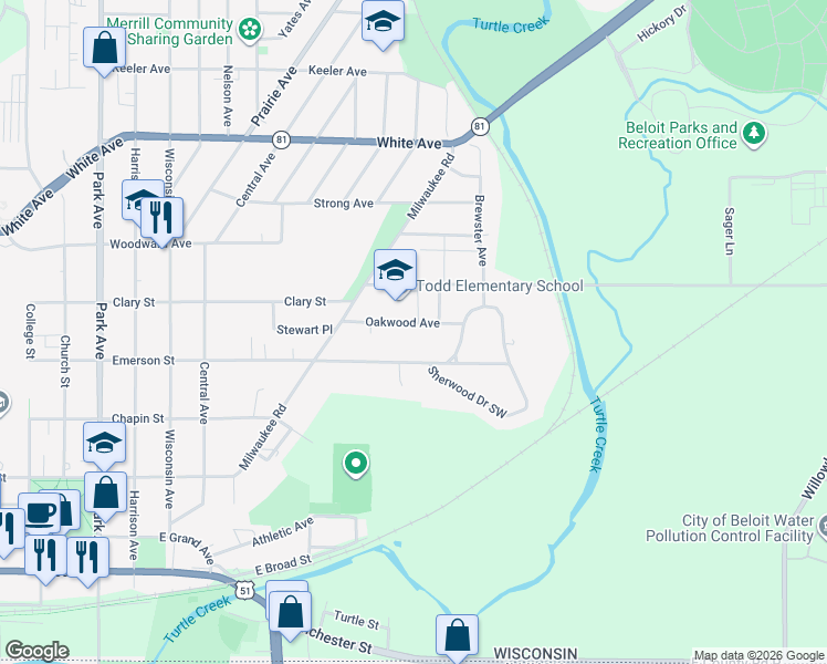 map of restaurants, bars, coffee shops, grocery stores, and more near 1704 Oakwood Avenue in Beloit