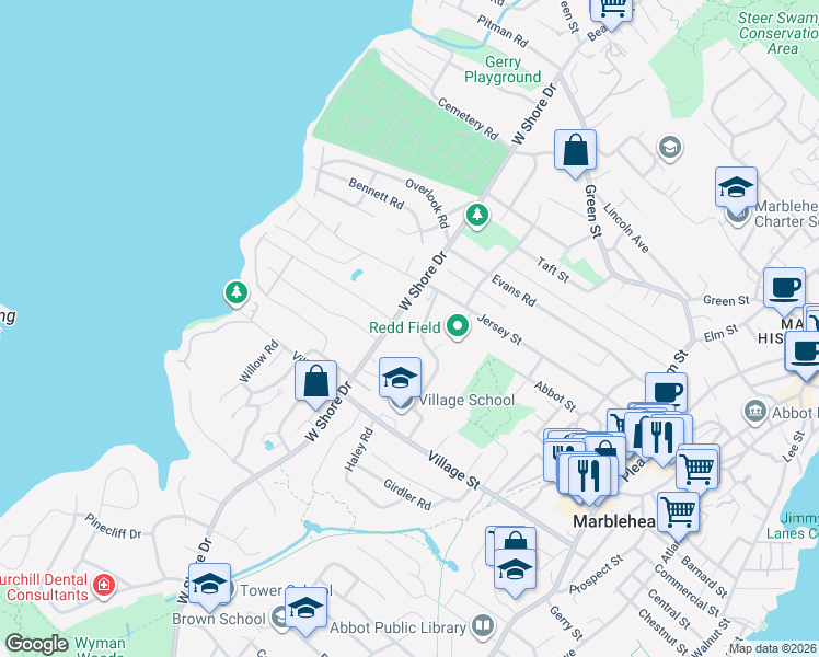 map of restaurants, bars, coffee shops, grocery stores, and more near 219 West Shore Drive in Marblehead