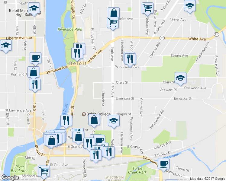 map of restaurants, bars, coffee shops, grocery stores, and more near 825 Park Avenue in Beloit