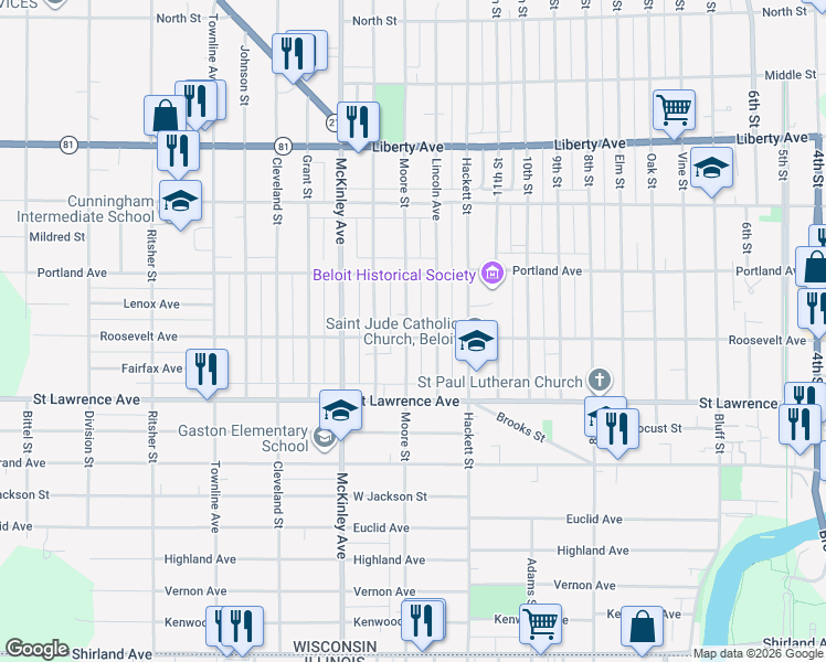 map of restaurants, bars, coffee shops, grocery stores, and more near 1223 Roosevelt Avenue in Beloit