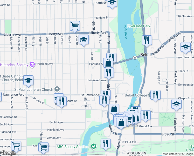 map of restaurants, bars, coffee shops, grocery stores, and more near 215 Roosevelt Avenue in Beloit