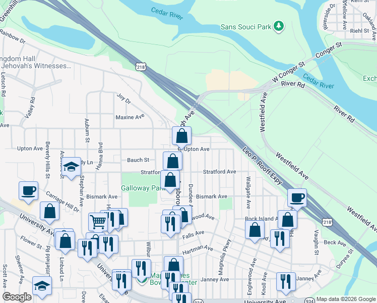 map of restaurants, bars, coffee shops, grocery stores, and more near 502 Dundee Avenue in Waterloo