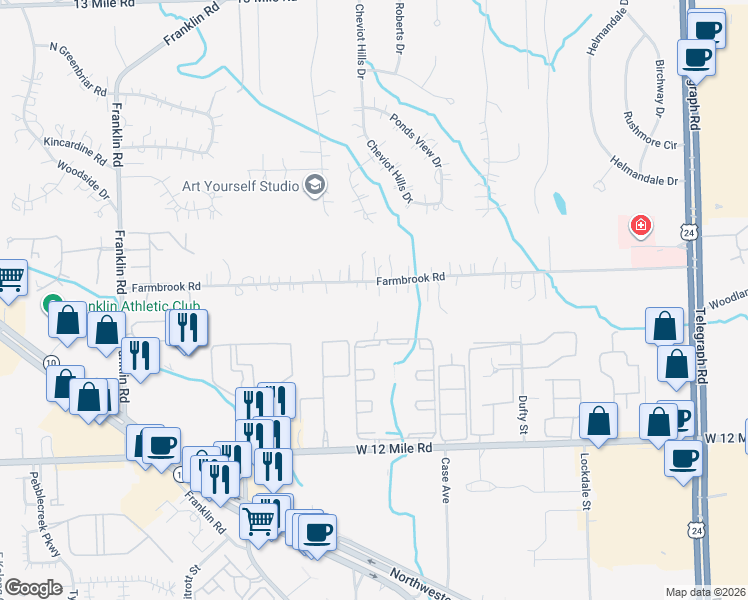 map of restaurants, bars, coffee shops, grocery stores, and more near 25575 Farmbrook Road in Southfield