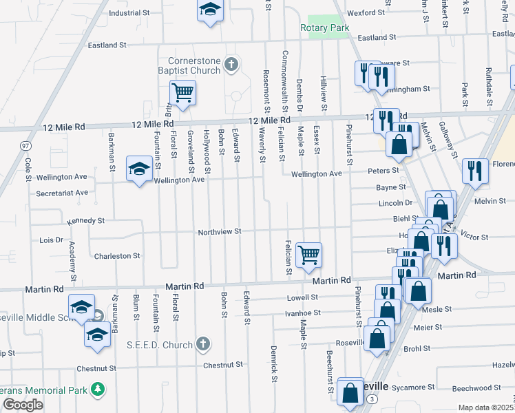 map of restaurants, bars, coffee shops, grocery stores, and more near 28374 Rosemont Street in Roseville