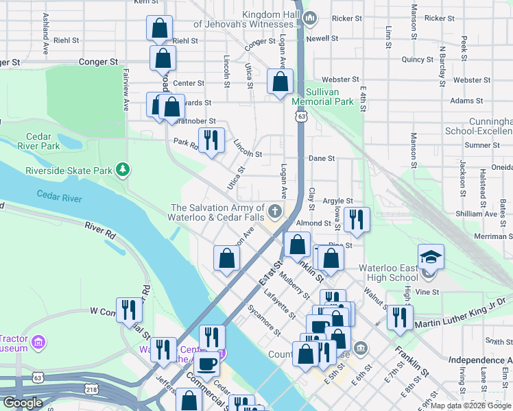 map of restaurants, bars, coffee shops, grocery stores, and more near 149 Argyle Street in Waterloo