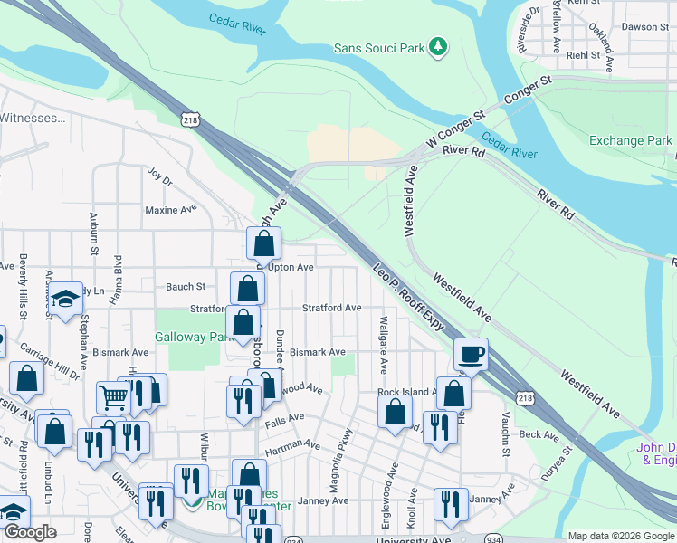 map of restaurants, bars, coffee shops, grocery stores, and more near 501 Evergreen Avenue in Waterloo