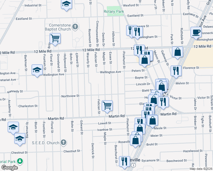 map of restaurants, bars, coffee shops, grocery stores, and more near 28368 Maple Street in Roseville