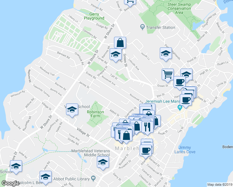 map of restaurants, bars, coffee shops, grocery stores, and more near 48 Evans Road in Marblehead
